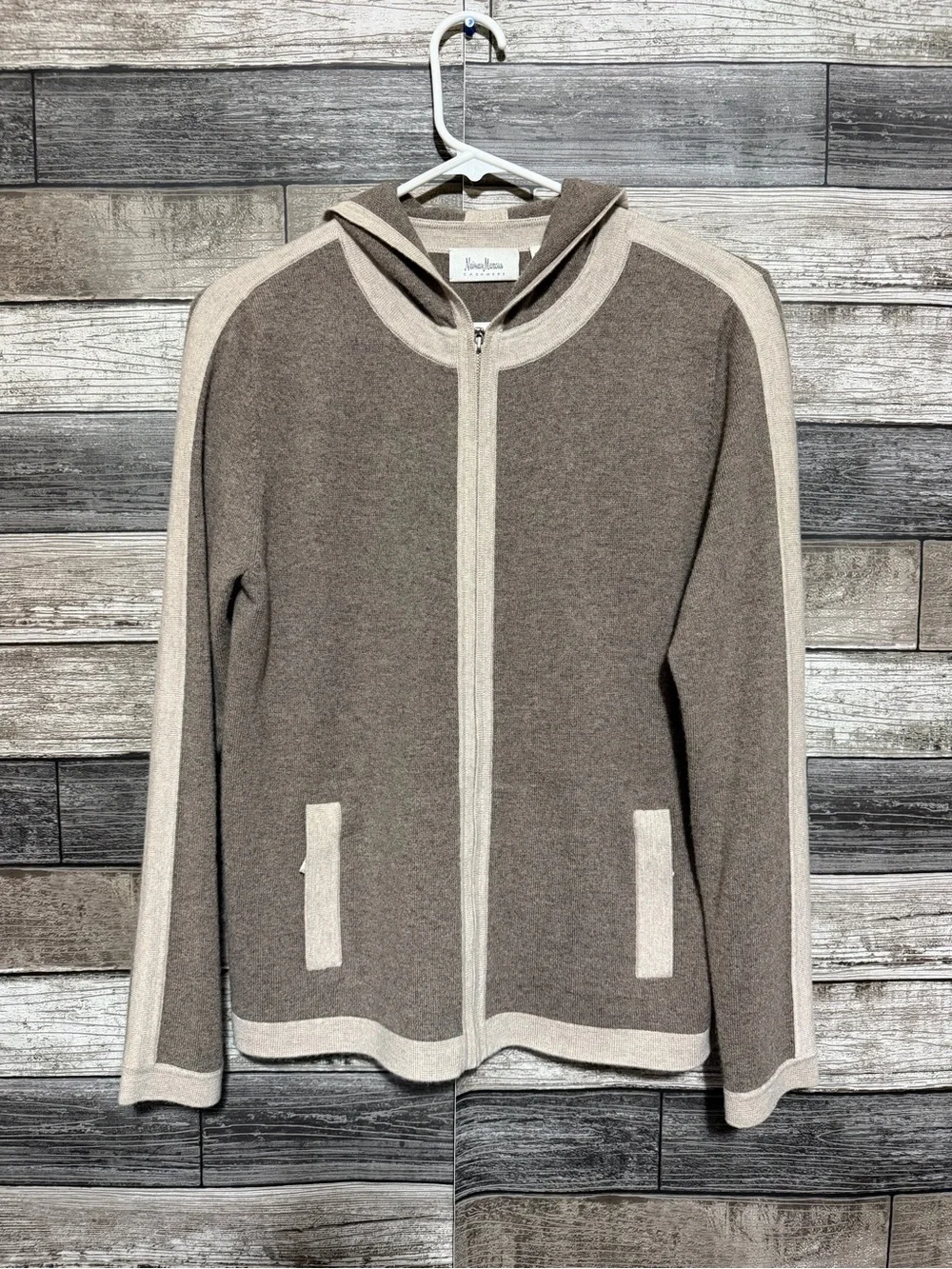 Neiman Marcus 100% Cashmere Hooded Sweater Women’s M Brown Full Zip